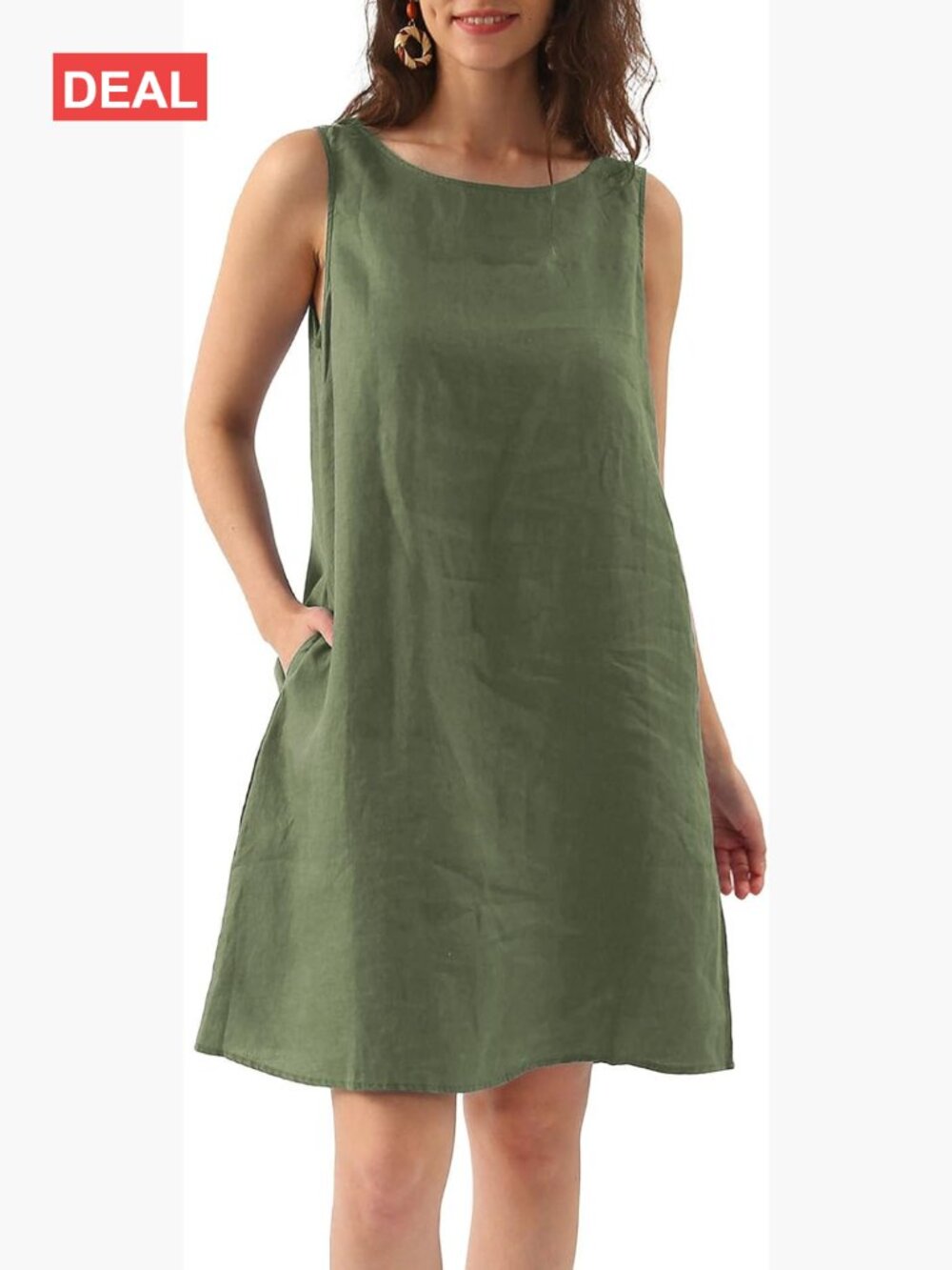 100% Linen Sleeveless Shift Dress with Pockets Crew Neck Casual Tank Dress